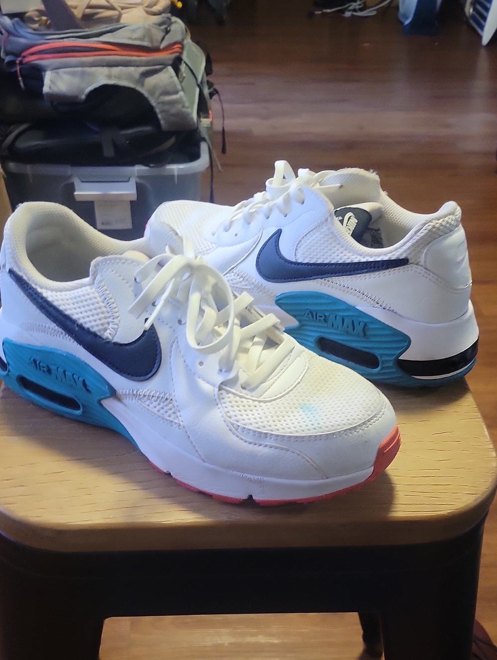 Nike White Air Max Shoes with Navy Swoosh and Teal Accents